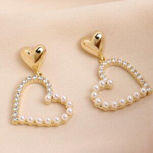 Women's Heart Pearl Tan Dangle Sparkly Cubic Zirconia Crystal Rhinestone Earring